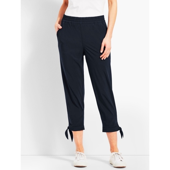 Talbots Woven Ankle Tie Crop Capri Pull On Navy Pants Pockets, Size M - Picture 1 of 12
